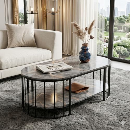 Image of Shoppee Rectangular Coffee Table Modern 2-Tier Center Table with Marble Finish Top Gold Metal Frame Stylish Sofa Table Elegant Cocktail for Living Room /Drawing /Dining Room (Gold & Grey)