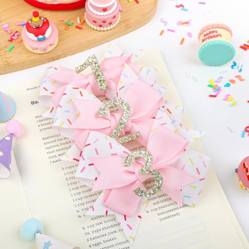 YanJie 4'' Baby Girl Birthday Hair Bow for 1 Year Old Newborns Sprinkle Glitter Birthday Infant Headbands Hair Accessories with Pink Frosting Bows 6