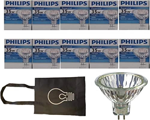 Philips Halogen Light Or Spotlight Bulbs 35W Watts 12 Volt Mr16 With 2 Pins Prong For Indoor Flood Lamp Lighting Bundle With A Storage Bag, Ideal For Use On 12V Tracks And Landscapes #TOP17