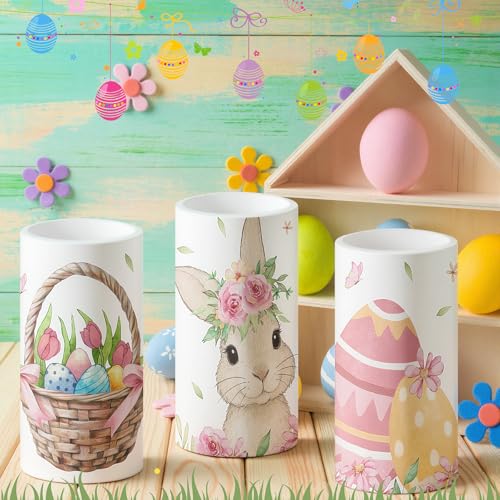 Image of Retisee 3 Pcs Colorful Easter Flameless LED Candles Battery Operated Bunny Spring Flickering Pillar Candles with Remote Pastel Easter Decoration Centerpiece for Bedroom Living Room Dinner Table Decor