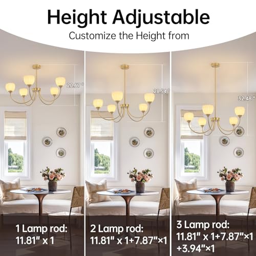 Image of Shenmoyl 30.31 inch Brass Gold 5-Light Chandelier, 5-Arm White Tulip Glass Pendant Light Fixture, Height Adjustable Vintage Branch Chandelier for Dining Room Living Room Kitchen Island Farmhouse