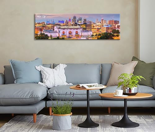 Image of Kansas City Skyline Wall Art Canvas Prints, Framed, 13.8 inchx45.3 inch | Cityscape USA City Building, Panoramic Night View, Modern Home Office Living Room Decoration