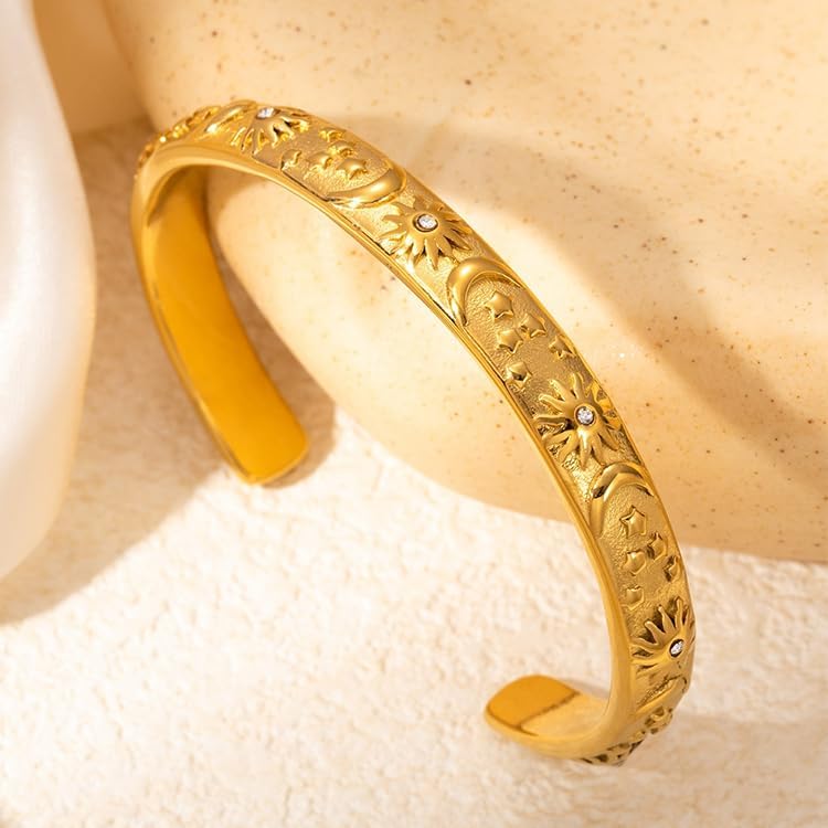 Chunky Gold Silver Boho Bracelet For Wemen, Stainless steel Sun Moon Star Pattern Charm bracelets The Bling Pride Bold Stackable Bangles Jewelry Trendy Gift - Image 3