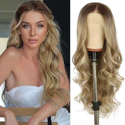 LLEI'Z Ash Blonde Long Curly Wavy 13x4 Lace Front Wig for Women Pre-plucked With Baby Hair Middle Part Ombre Ash Blonde Wig Long Heat Resistant Hair Synthetic Wigs for Daily Party Wig 26 Inches