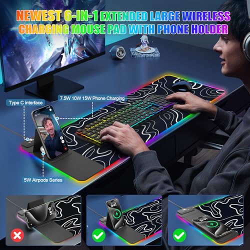 Image of RGB Mouse Pad with Foldable Phone Stand Wireless Charger, 31.5 inchx11.8 inch XL Gaming Mousepad Large Desk Mat, Desk Pad with 11 Colors 5 Modes, Waterproof