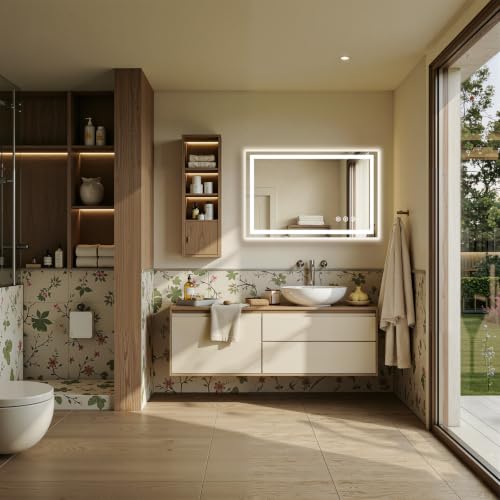 Image of 40x32 LED Bathroom Mirror with Anti-Fog, Backlit & Front Lit, Memory | Stepless Dimmable 3 Color CRI 95+ Shatterproof Tempered Glass ETL Listed for Safety Lighted Bathroom Vanity Mirror for Wall