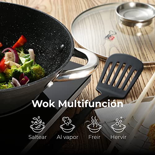 RENBERG-Wasabi-Wok-Sarten-Wok-con-Revestimiento-de-Marmol-y-Tapa-de-Vidrio-Multiples-Funcionalidades-y-Accesorios-Wok-de-Hierro-Fundido-Compatible-con-Cocinas-de-Induccion