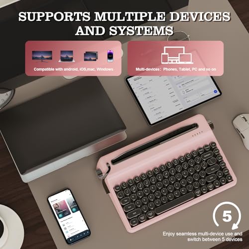 Image of YUNZII QL75 Wireless Typewriter Hot Swap Retro Mechanical Keyboard,Punk Round Keycaps,RGB Backlit QMK /VIA Programmable,Multi-Device Keyboard with 2.4GHz /Type-C /BT5.0 (Pink, Onyx Switch)