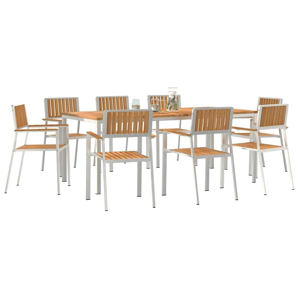 Zestaw stołów outdoorowych, 9-częściowy, brązowy, lite drewno tekowe, stół ogrodowy z 8 krzesłami, stół tarasowy, do ogrodu, na balkon, patio, werandę, dla rodziny, gości, piknik, jedzenie