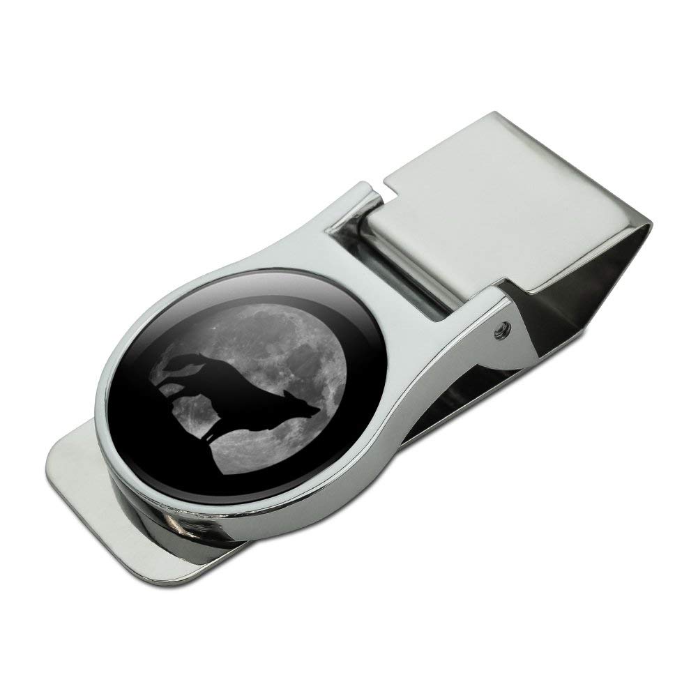 Wolf Howling Moon Silhouette Satin Chrome Plated Metal Money Clip-image-33