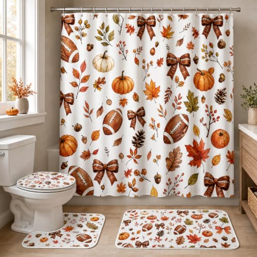 VISSTREE Fall Shower Curtain Sets 4 Pcs Autumn Football Bathroom Decor