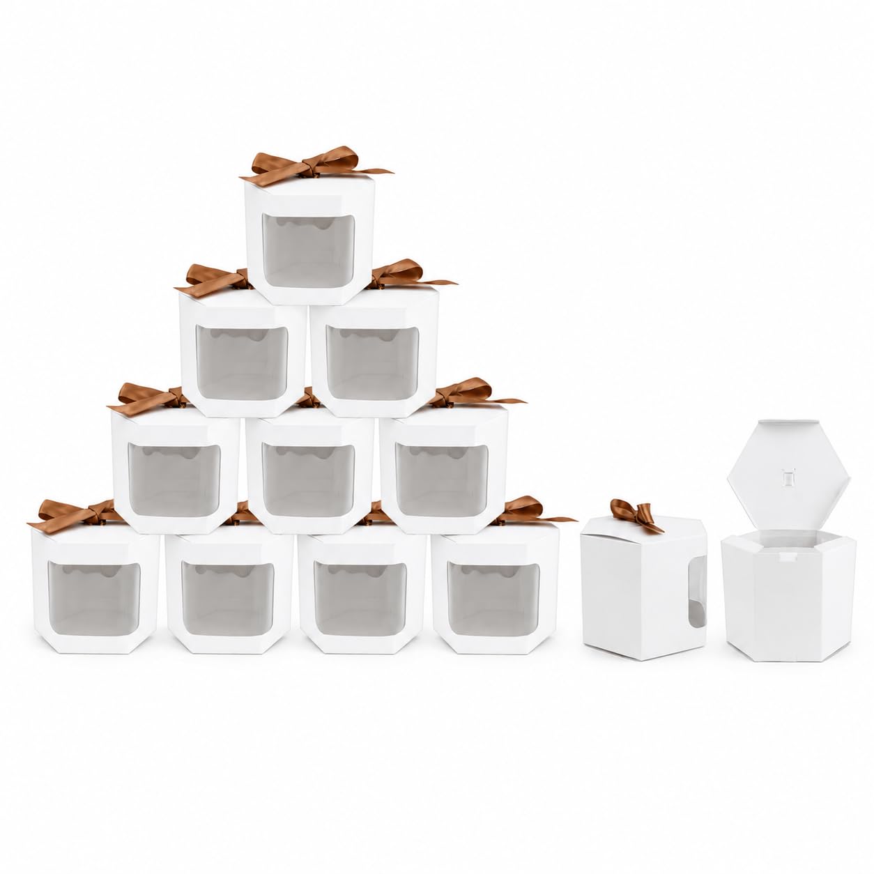 Emartbuy Strong Paper Stand Up Hexagon Gift Bag, 13 cm x 13 cm x 14 cm, White Kraft Bag Cupcakes Cookies Muffin Pie Box with Clear Window and Dark Brown Ribbon - Pack of 12 — image 1
