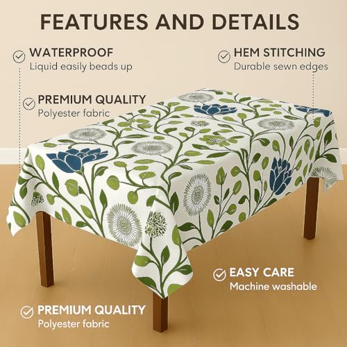 Image of Styleys Dining Table Cover Waterproof with for Kitchen Dining Table Cloth Dust and Oil Repellent (140x220, 1 Table Cover Only, White /Green Blue Flower, CTSD13)