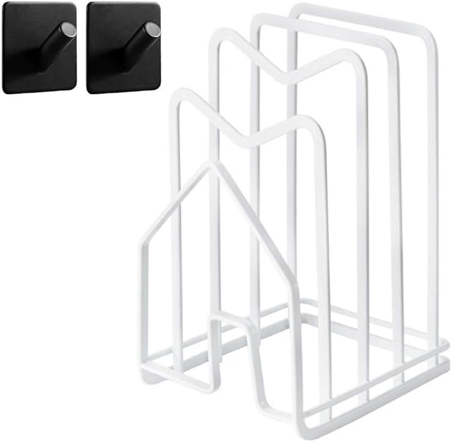 Hikinlichi Cutting Board Organiser Stand Rack Holder Kitchen Countertop Chopping Board Holder Rack w 2 Adhesive Hooks Pots Pan Lids Rack 12.5x14.5x21.5cm White