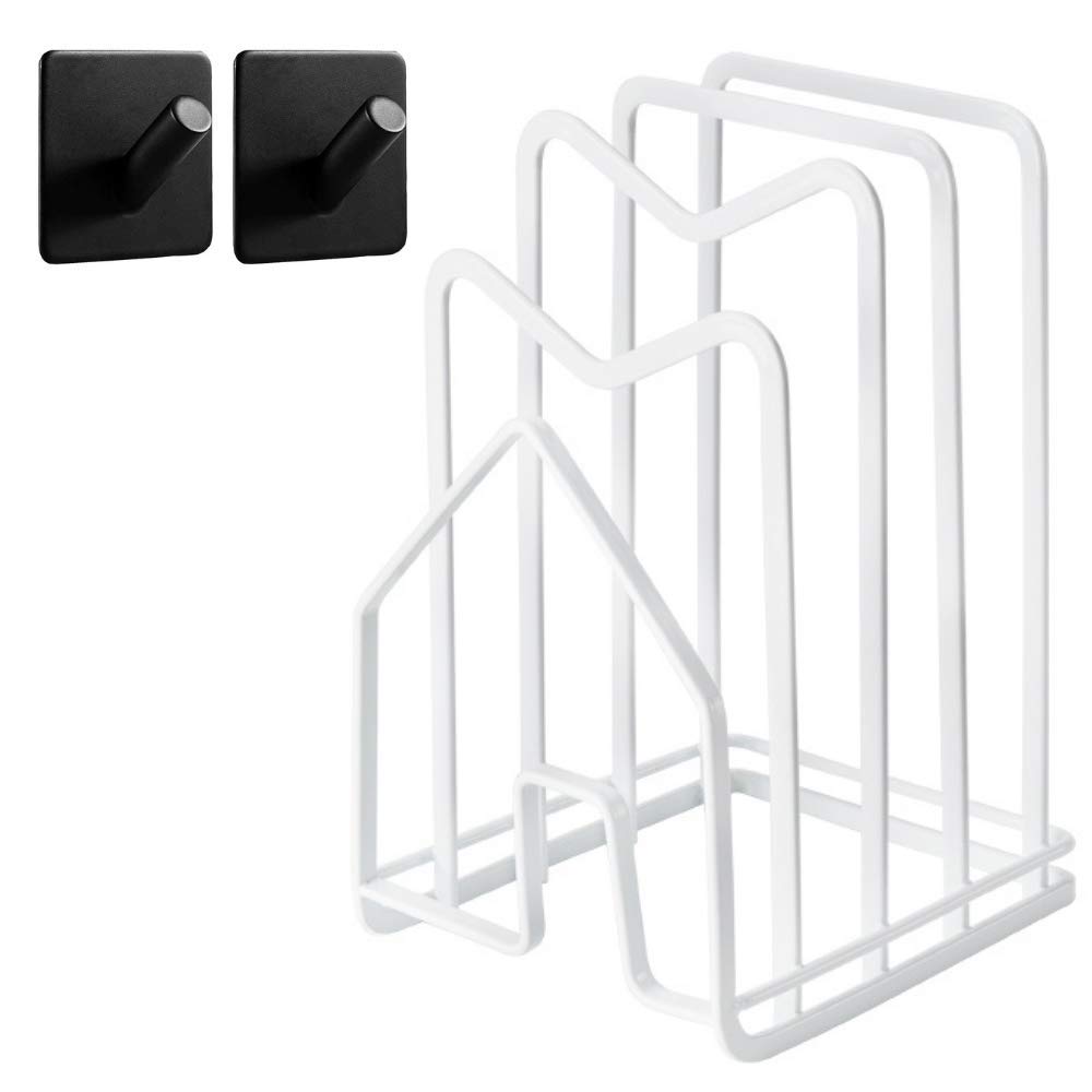 Hikinlichi Cutting Board Stand Organiser Rack Holder White Kitchen Countertop Chopping Board Holder w 2 Adhesive Hooks Pots Pan Lids Rack 12.5x14.5x21.5cm