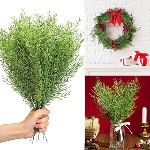 WEISPARK Artificial Pine Leaves Branches, 50pcs 13.7 Inches Fake Greenery Pine Sprigs Faux Stems Picks for DIY Christmas Garland Wreath Embellishing and Home Garden Decoration Cover