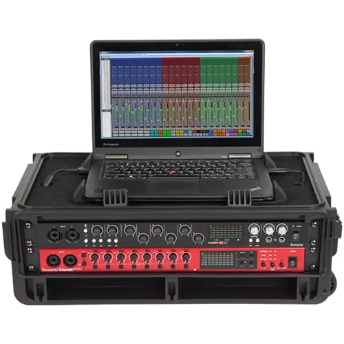 Image of SKB Studio Flyer Rack Case - 2U Waterproof Carry-on with Laptop Surface, Molded Rack Rails, Rubber Cleats and Quiet Wheels, Ideal for Musicians, Black | Injection-Molded Waterproof 2u Carry-on Case, 19x11 Laptop Surface, 11.46 Rack Depth, Quiet Wheels, Made in Usa