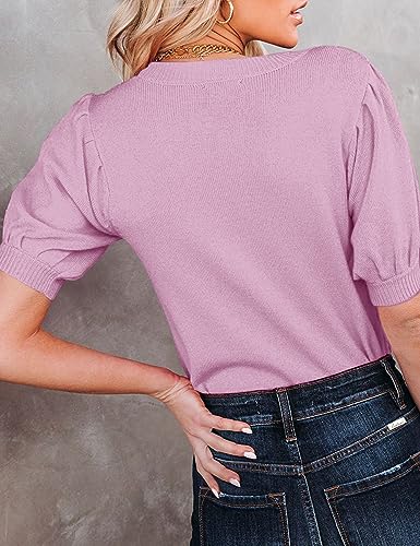Image of Womens Puff Short Sleeve Sweater Tops Crewneck Basic Knit Pullover Lightweight Casual Sweaters Violet