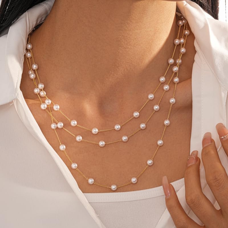 Pearls Necklaces for Women-18K Gold Plated Layered Gold Pearl Necklaces Dainty White Pearls Choker Necklace Chain Pearl Necklace for Women Elegant Valentines Gifts - Image 2