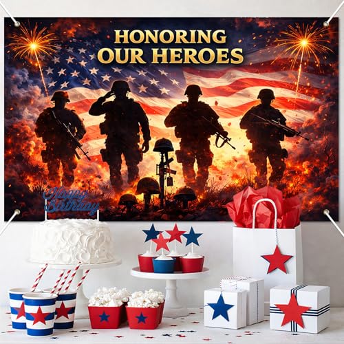 Image of BlissYard Patriotic Banner 71x43 Inches 4th of July Decorations Honoring Our Heroes Memorial Day Backdrop Veterans Day Banner American Flag Military Tribute Banner Patriotic Decorations for Indoor Outdoor Home Yard Party Supplies