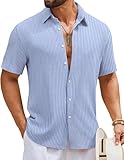 COOFANDY Mens Casual Shirts Short Sleeve Summer Shirts Button Down Textured Vacation Shirt White/Blue
