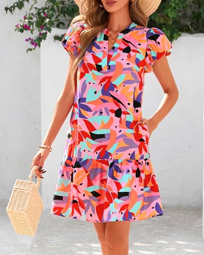 dowerme Womens Summer Dresses 2026 Puffy Sleeve V Neck Loose Floral Print A Line Boho Mini Babydoll Dress with Pockets(Red,XX-Large) — view 6