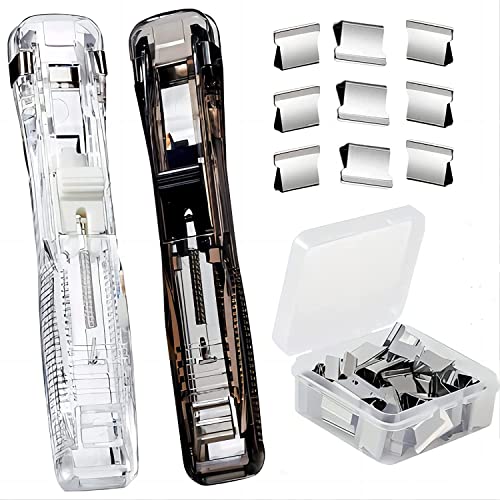 Image of Push Stapler pack of 2, Binder Clips Paper Clamps Desktop Stapler w / 50pcs Reusable Stainless Steel Refill Clips 40 Sheet Capacity, Clam Clip Dispenser for Office Document Home School Supplies