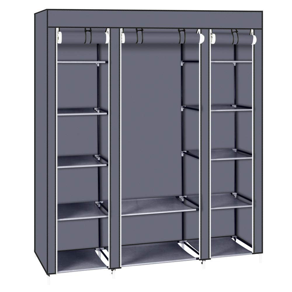 Bonnlo Canvas Wardrobe, 175 x 150 x 45 cm Fabric Wardrobe Organiser, Foldable Coat Rack with 1 Clothes Rail, 12 Storage Shelves for Bedroom, Dressing Room (Grey, 175 x 150 x 45 cm)