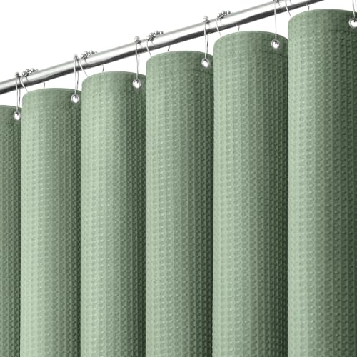 Dynamene Sage Green Shower Curtain - Waffle Textured Heavy Duty Thick Fabric Shower Curtains for Bathroom 256GSM Luxury Weighted Polyester Cloth Bath Curtain Set with 12 Plastic Hooks72Wx72H Green
