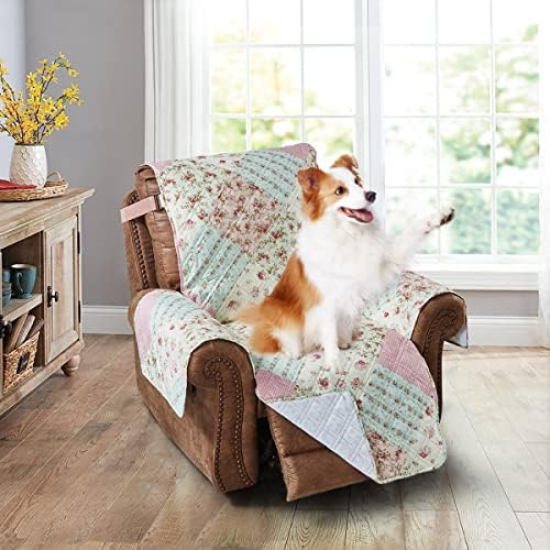 Brilliant Sunshine Pink and Green Rose Patchwork Quilted Large Recliner Slipcover, 28" Seat Width, Slip Resistant Furniture Protector, 2" Strap, Washable Reclining Chair Cover for Kids,Dogs,Pink Green