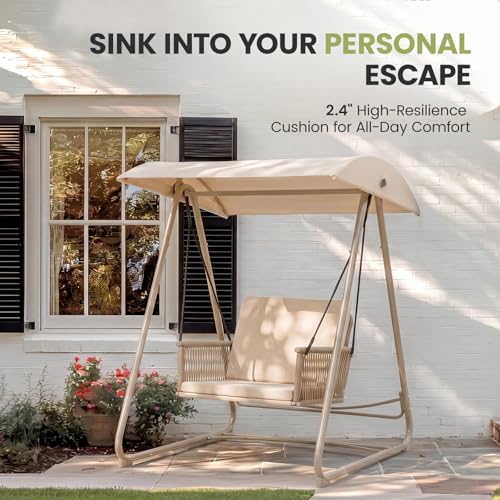 Image of Porch Swing with Stand, Outdoor Swing with Canopy, All Weather Outdoor Swings for Adults, 400lbs Heavy Duty Porch Swings with Removable Cushions, Single Hanging Chair for Small Space, Beige