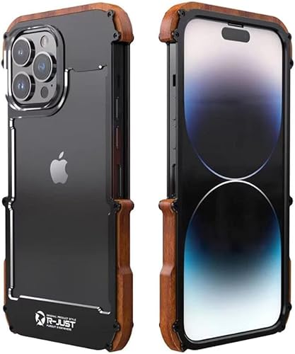 Miniatura 2 de Kowauri Funda para iPhone 14 Pro Max, protección contra caídas de aleación de aluminio, marco de madera de metal, a prueba de golpes, funda