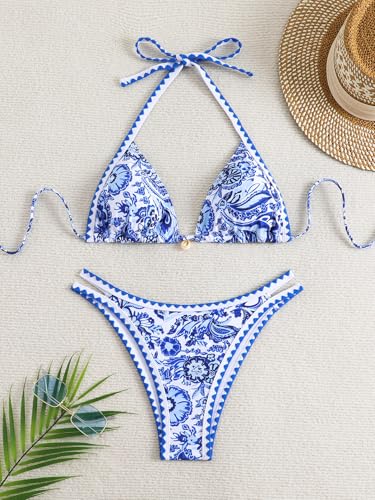Image of BYFINECANY Women's Floral Printed Bathing Suit Halter Paisley Summer Swimsuit Bikinis Set