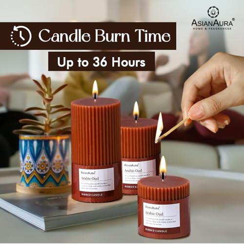 Image of ASIAN AURA Ribbed Pillar Candles - Pack of 3 | Scented Candles for Home Decor, Gifting & Festive Use | Long Burn time up to 36hrs | Clean-Burning Wax & Smokeless Flame (Arabic Oud)