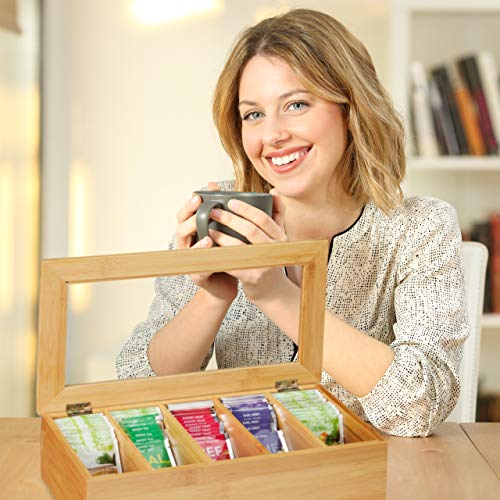 Relaxdays Tea Box, 5 Compartments, Organiser Chest, H x W x D: 9 x 37 x 20 cm, Bamboo, Natural - Image 3