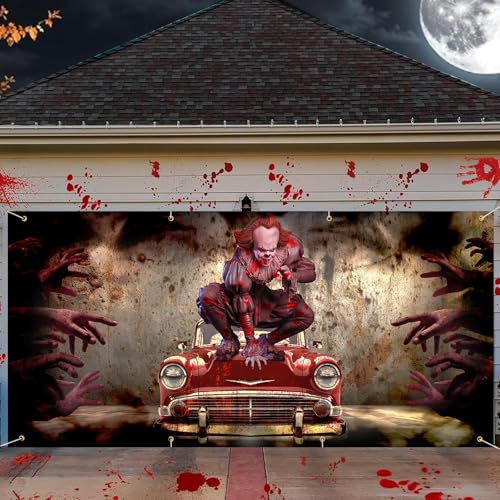 Halloween Garage Decorations Door Banner 16 x 7 ft Horror Garage Door Decorations Cover Scary Movie Joker Clown Halloween Backdrop Background for Photo Party Outdoor Banner