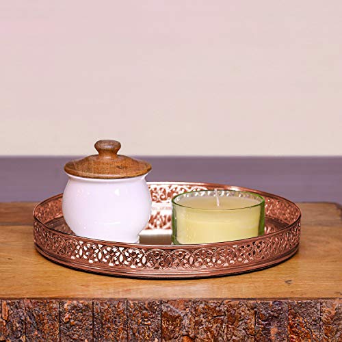 Image of Craft Brio -A TRENDY HANDICRAFTS Round Decorative Mirror Tray 10 inches Dia Gold Plated Round Decorative Glass Mirror for Weeding and Pooja Diwali Gifting (10 X 10 X 2 Inches) (Copper)