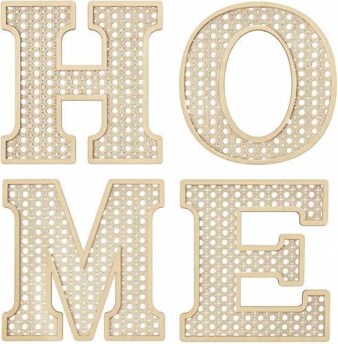 Wood Home Signs Wall Decor, Rattan Wood Home Letters Decor Signs, 4 Pcs Large 12x12 in Rusic Hanging Wall Art, Living Room Entryway Kitchen Hall Lounge Nursery, Housewarming Gift, Natural Wood Color