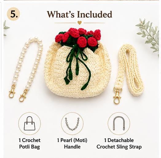 Image of Handmade Crochet Flower Crossbody Sling Bag for Women | Boho Knitted Bucket Shoulder Purse Rose Design