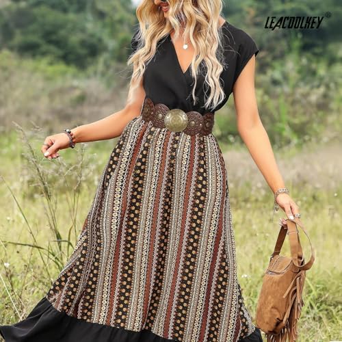 Image of LEACOOLKEY Women's Boho Disc Belt Wide Western Leather Belt Vintage Concho Waist Belts for Dress Jeans