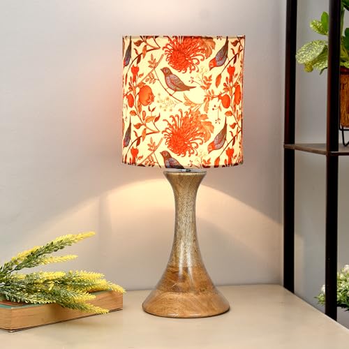 Image of Homesake Rustic Wood Table Lamp Bedside Wooden Desk Lamps for Living Bedroom Study Night, House Warming Diwali Gift, Fabric Shade (Red)