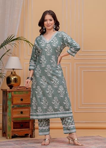 Image of MEERA FAB Women's Cotton Blend Straight Printed Kurta with Palazzo & Dupatta