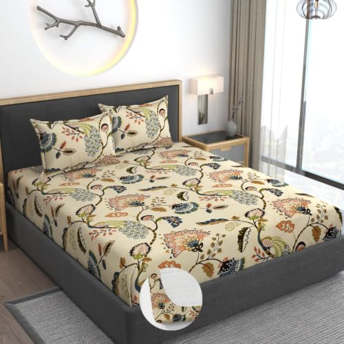 Image of Vram Premium Heavy Cotton Elastic Fitted Bedsheets with 2 King Size Pillow Covers | Diwan Bed with All Around Elastic 350 TC | 48 x 78 x 8 Inch Diwan Size Fitted | :- Jaipuri Peacock