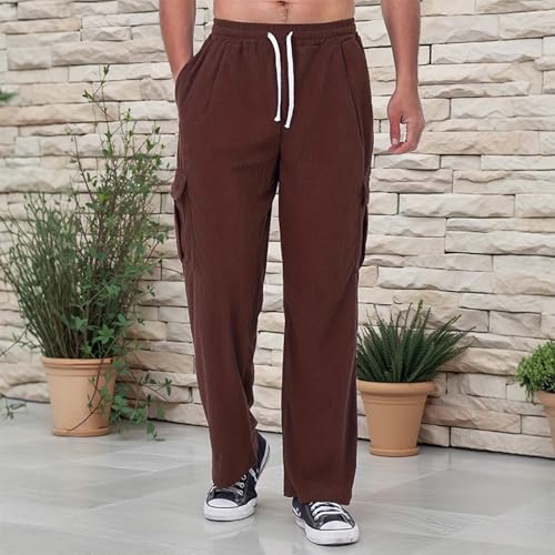 Corduroy Pants Men Big and Tall Drawstring Cargo High Waisted Multi Pockets Sweatpants for Men Baggy Casual Stretch Fashion Comfy Wide Leg Tactical Athletic Relaxed Fit Trouser Coffee L2
