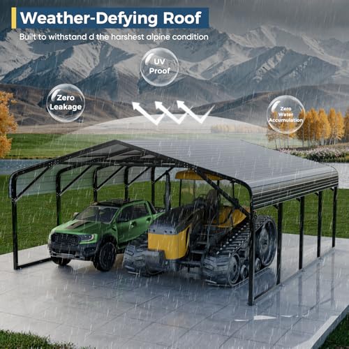 Image of 20x20 FT Heavy Duty Metal Carport, 2-Car Garage with Structural Reinforcement, Galvanized Steel Roof, Ground Anchors, 120lbs /Sq.Ft Snow /Wind Resistant Carports, Fits Pickups, Trucks, RVs, Boats