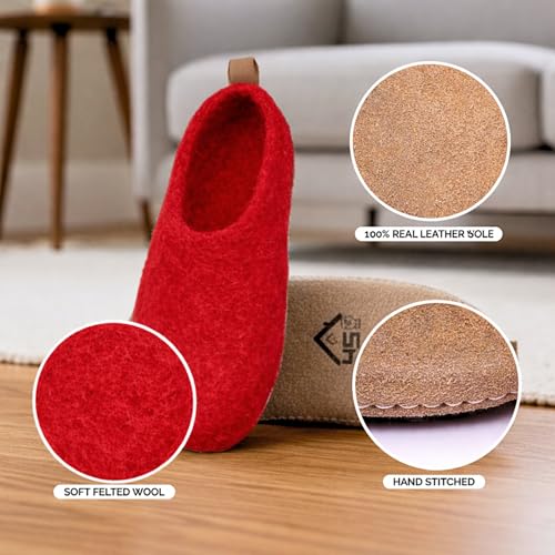 Image of Wool Indoor Slippers - Natural Organic Wool, Genuine Leather Sole, Handmade in Nepal - Cozy, Warm, Soft, Unisex Non-Slip House Shoes for Men & Women - Perfect for Winter Comfort