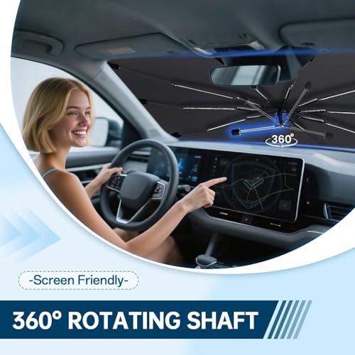 Image of Windshield Sun Shade for Tesla Model 3 2018-2026, Umbrella Car Shades with 360Rotating Shaft, Foldable Front Window Sunshade for UV & Heat Protection