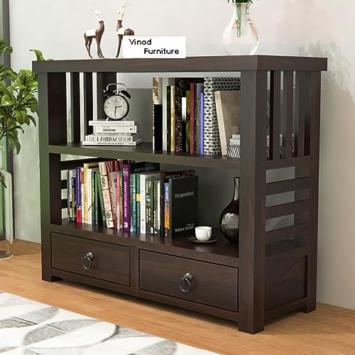 Image of olid Sheesham Wood Semi-Open Book Shelf for Living Room | Study Room | Office (Walnut)