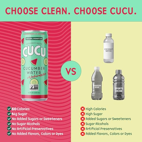 Image of CUCU Pressed Cucumber + Watermelon Water - Real Juice from Fresh Cucumbers and Watermelons with Vitamin C, Electrolytes & Antioxidants - No Sugar Added, Non-GMO - 11 fl oz Cans, 12 Pack