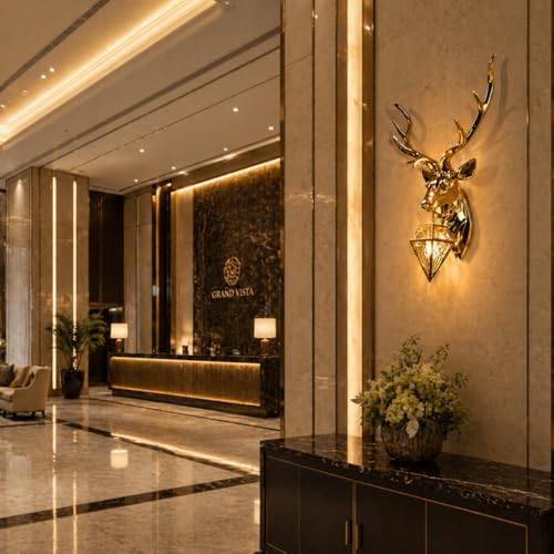 Image of TRIPPING Luxury Golden Deer Head Wall Lamp with Diamond Hanging Light: Premium Metal Decorative Wall Fixture, Warm Ambient Lighting, Statement Wall Mounted Lighting for Living Room Bedroom